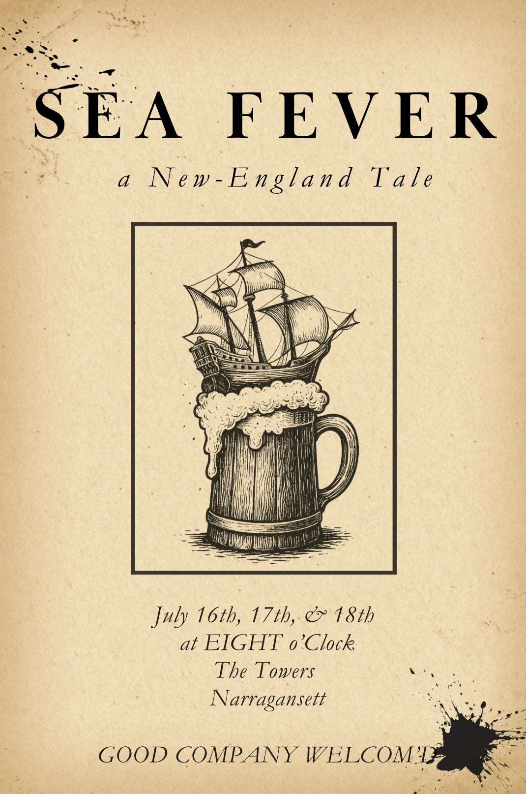 Promotional poster for 'Sea Fever: A New-England Tale' event with ship illustration on a mug written by Meghan Thomson.