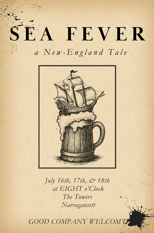 Promotional poster for 'Sea Fever: A New-England Tale' event with ship illustration on a mug written by Meghan Thomson.